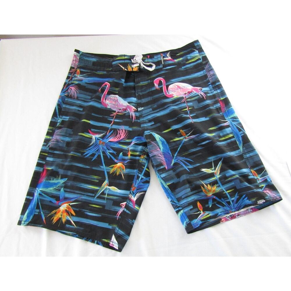 Palmwave Board Shorts Mens 34 Palm and Flamingo Prints Drawstring Swim Trunks